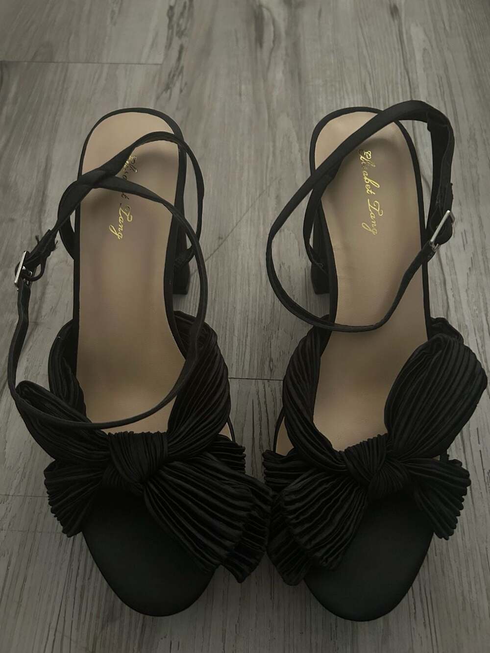 Elisabet Tang Black Satin Bow Knot Platform Chunky Heeled Sandals